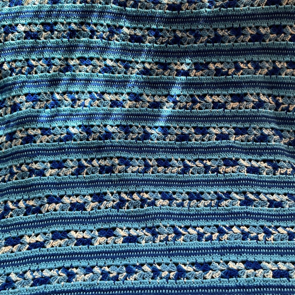 Handmade Crocheted Afghan Blanket Blue & White 60” X 75”